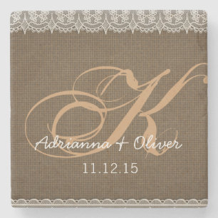 Dessous-de-verre En Pierre Mariage de monogramme de dentelle de Burlap rustiq