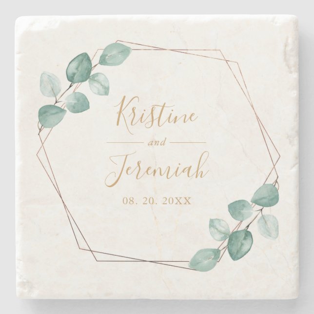 Dessous-de-verre En Pierre Mariage de script Gold de l'Eucalyptus Watercolor  (Devant)