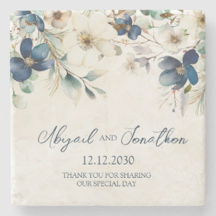 Dessous-de-verre En Pierre Mariage d'hiver floral bleu élégant