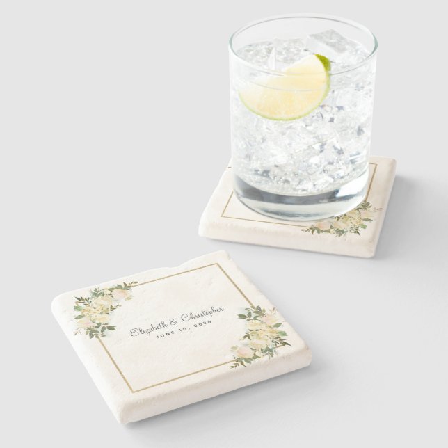 Dessous-de-verre En Pierre Mariage élégant Rose floral métal or blanc (Côté)