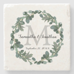 Dessous-de-verre En Pierre Mariage Eucalyptus Wreath Monogram