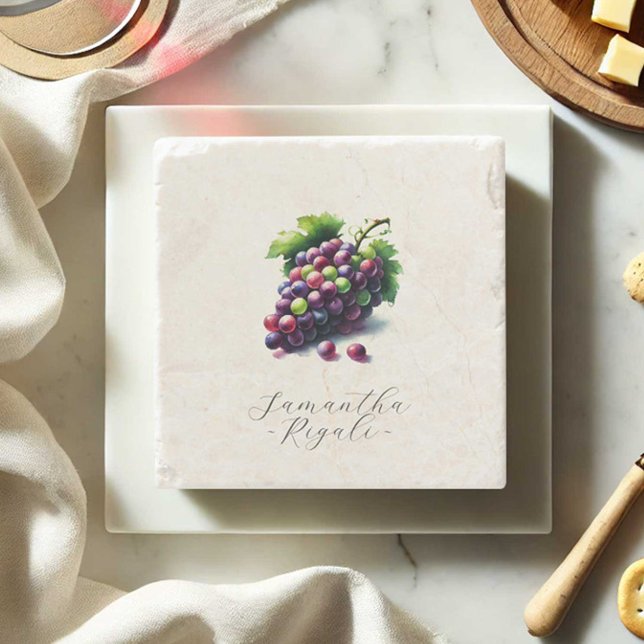 Dessous-de-verre En Pierre Mariage Faveurs Thème de dégustation de vin (Wine gift personalized coasters watercolor grapes designed by Victoria Grigaliunas Do Tell A Belle)