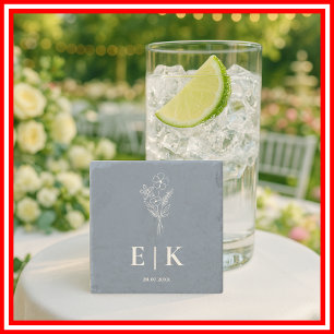 Dessous-de-verre En Pierre Mariage Monogramme Fleur Sauvage Bleu Poussiéreux