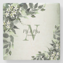 Mariage Monogramme Vert Floral Feuilles