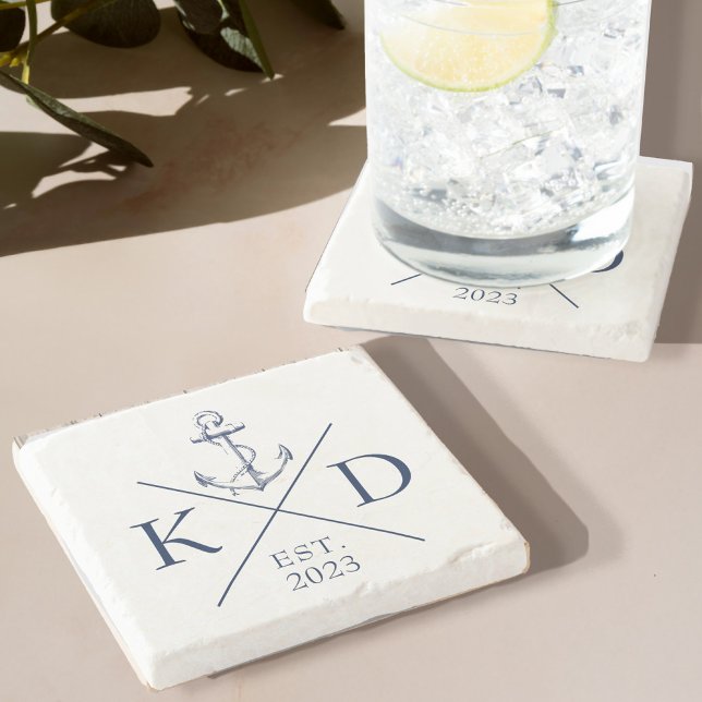 Dessous-de-verre En Pierre Marine Ancre Monogramme nautique (Immerse yourself in the calming, serene energy of the sea with our Monogram Anchor Stone Coaster)