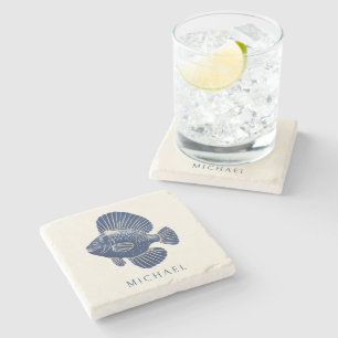Dessous-de-verre En Pierre Marine Minimale Moderne Bleu Poisson Nautique Nom 