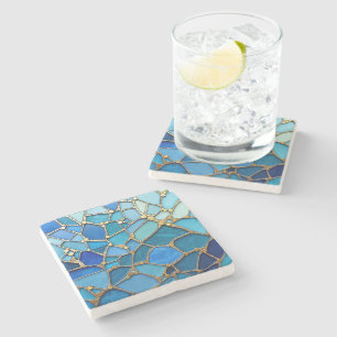 Dessous-de-verre En Pierre Mer d'ondes Mosaïque Bleue et Or Beaux-Arts