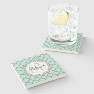 Dessous-de-verre En Pierre Mint Green Grey Quatrefoil Nom Monogramme Laurel