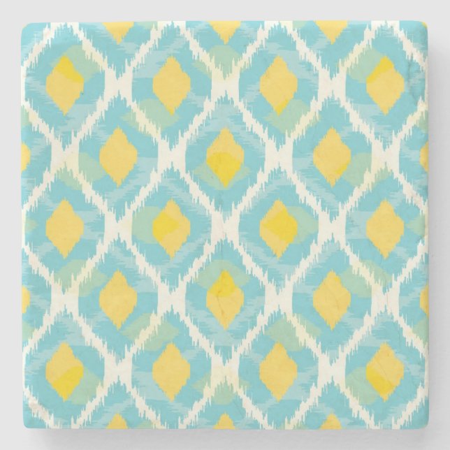 Dessous-de-verre En Pierre Mode jaune bleue d'ikat tribal moderne (Devant)