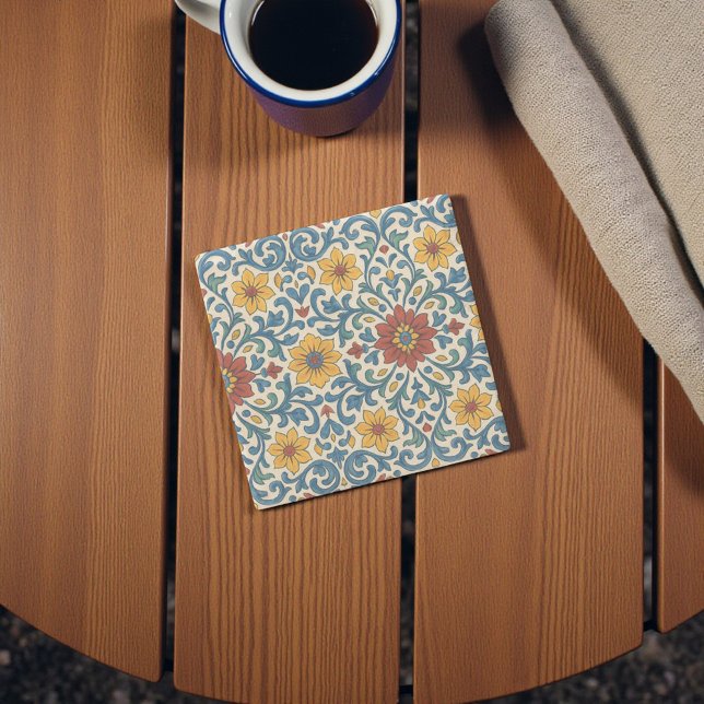 Dessous-de-verre En Pierre Modèle Floral Méditerranéen Blanc (White Portuguese Mediterranean Floral Pattern Stone Coaster
)