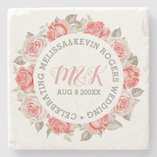 Dessous-de-verre En Pierre Modèle Mariage de couronne de roses rose monogramm