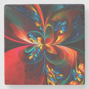 Dessous-de-verre En Pierre Moderne Floral Abstrait Art Orange Bleu Motif #14