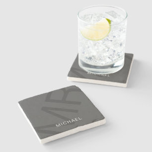 Dessous-de-verre En Pierre Moderne Monogramme Gris Personnalisé