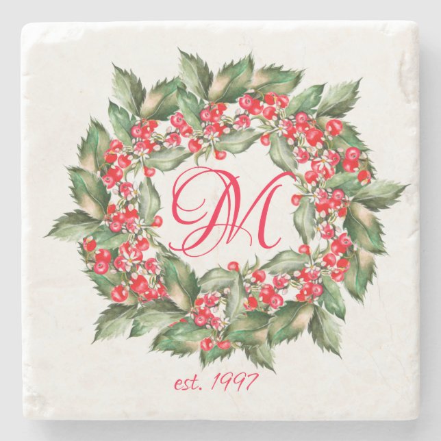 Dessous-de-verre En Pierre Monogram Christmas Berries Wreath (Devant)
