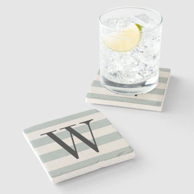 Dessous-de-verre En Pierre Monogramme à bandes bleues | Ferme moderne (Côté)