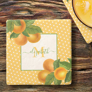 Dessous-de-verre En Pierre Monogramme agrumes oranges aquarelle points rustiq