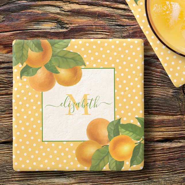 Dessous-de-verre En Pierre Monogramme agrumes oranges aquarelle points rustiq (Créateur téléchargé)