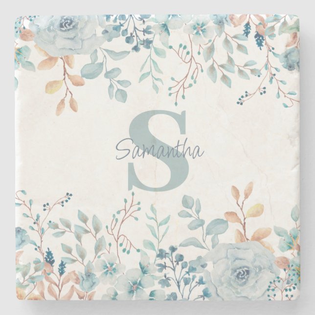 Dessous-de-verre En Pierre Monogramme Bleu Floral Botanique (Devant)