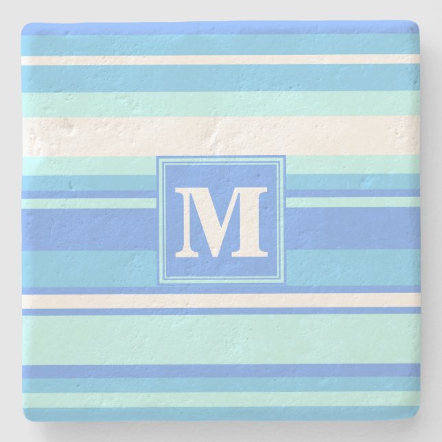 Dessous-de-verre En Pierre Monogramme ciel bandes bleues (Devant)