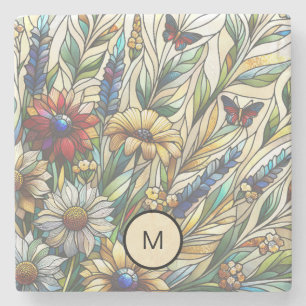 Dessous-de-verre En Pierre Monogramme de terrain Fleur sauvage de conception 