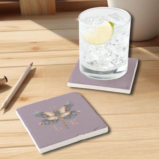 Dessous-de-verre En Pierre Monogramme Dragonfly Folk Art doux violet (Créateur téléchargé)