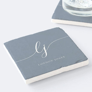 Dessous-de-verre En Pierre Monogramme Dusty Marine Bleu Blanc Simple Élégant