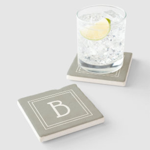 Dessous-de-verre En Pierre Monogramme élégant À feuillage persistant et blanc