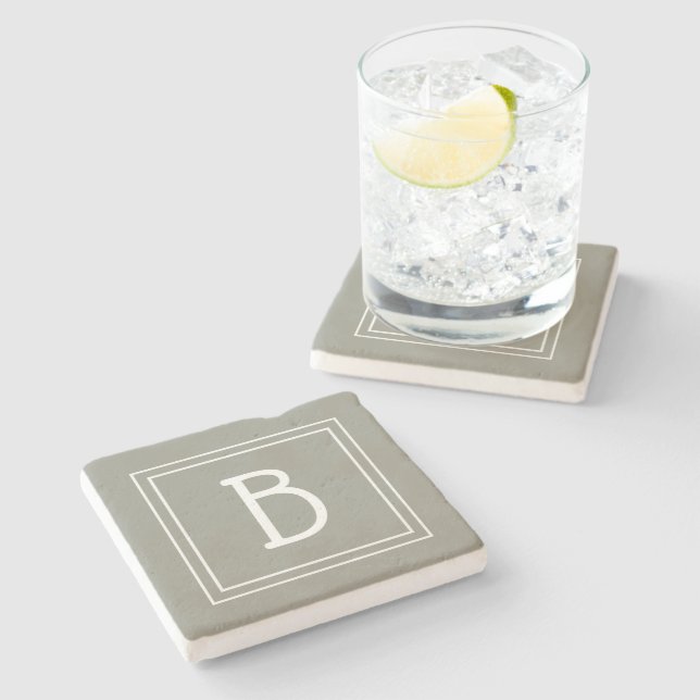 Dessous-de-verre En Pierre Monogramme élégant À feuillage persistant et blanc (Côté)