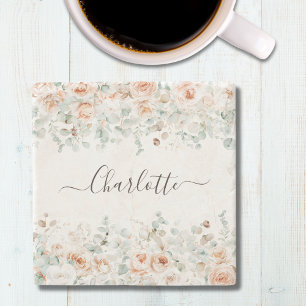 Dessous-de-verre En Pierre Monogramme Élégant Floral de Rose Rustique et Feui