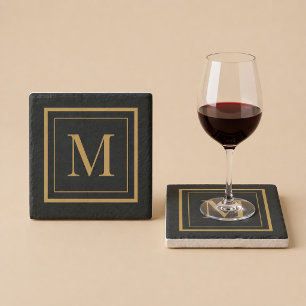Dessous-de-verre En Pierre Monogramme encadré noir et or personnalisé