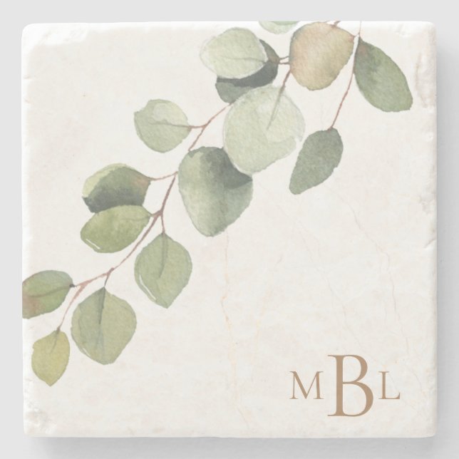 Dessous-de-verre En Pierre Monogramme Eucalyptus Aquarelle Simple (Devant)