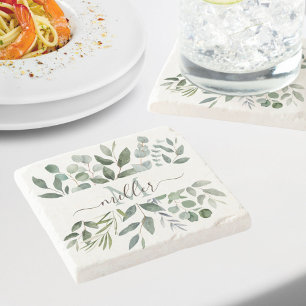 Dessous-de-verre En Pierre Monogramme feuilles de verdure d'eucalyptus vert s