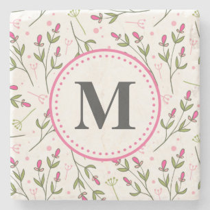 Dessous-de-verre En Pierre Monogramme Fleur sauvage rose et vert à longue tig