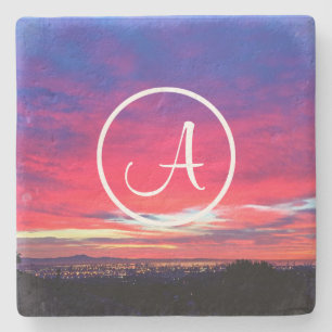 Dessous-de-verre En Pierre Monogramme initial Couché de soleil rose rose init