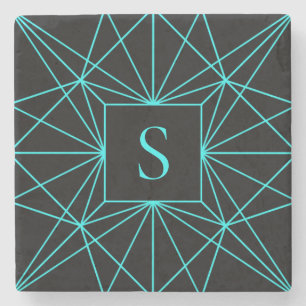 Dessous-de-verre En Pierre Monogramme initial   Design géométrique turquoise
