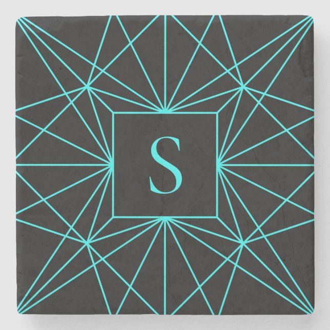 Dessous-de-verre En Pierre Monogramme initial | Design géométrique turquoise (Devant)