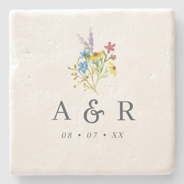 Dessous-de-verre En Pierre Monogramme Mariage Fleur sauvage rustique (Devant)