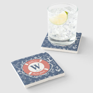 Dessous-de-verre En Pierre Monogramme marine Ancre bleue Maison de plage