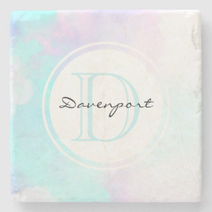 Dessous-de-verre En Pierre Monogramme moderne Pastel Blue & Purple Aquarelle