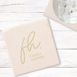 Dessous-de-verre En Pierre Monogramme Moderne Script Elégant Blush Pink Or