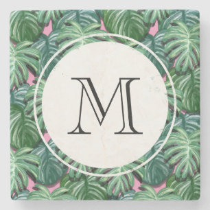 Dessous-de-verre En Pierre Monogramme Motif Feuille exotique vert tropical