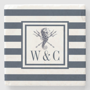 Dessous-de-verre En Pierre Monogramme nautique Marine Bleu Bande