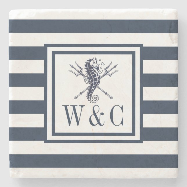 Dessous-de-verre En Pierre Monogramme nautique Marine Bleu Bande (Devant)