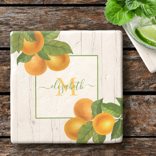 Dessous-de-verre En Pierre Monogramme oranges d'agrumes aquarelle bois rustiq