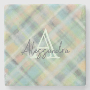 Dessous-de-verre En Pierre Monogramme pastel tartan vert gris jaune turquoise