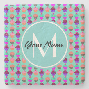 Dessous-de-verre En Pierre Monogramme personnalisé Aqua Cupcake