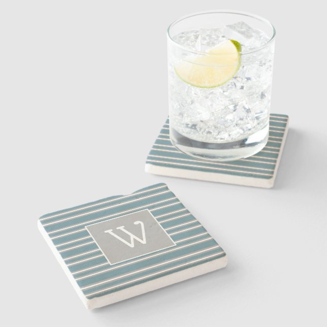 Dessous-de-verre En Pierre Monogramme personnalisé sur bande turquoise et gri (Côté)
