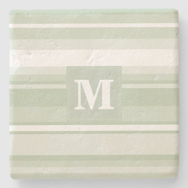 Dessous-de-verre En Pierre Monogramme rayures vert pâle (Devant)