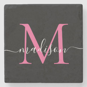 Dessous-de-verre En Pierre Monogramme rose noir moderne Nom du script féminin