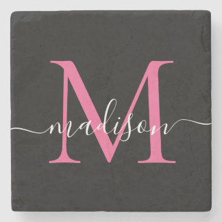 Dessous-de-verre En Pierre Monogramme rose noire moderne Nom du script fémini